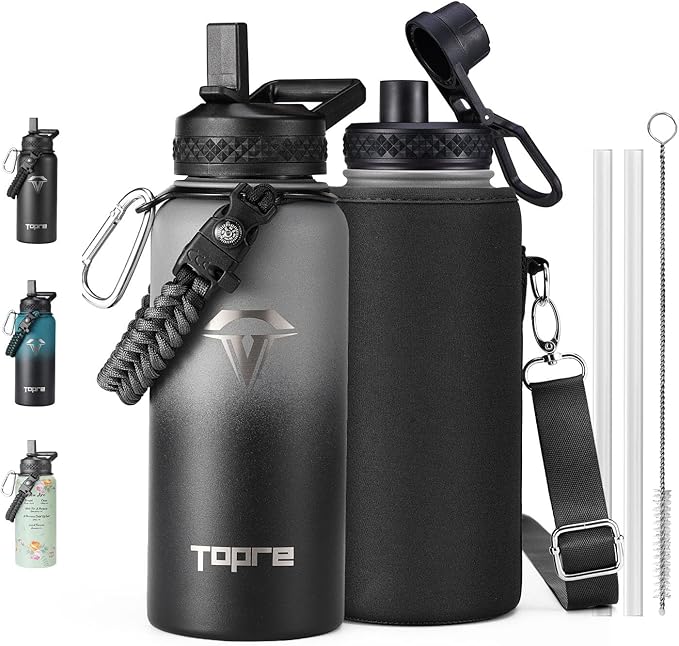 32oz Insulated Water Bottle,Stainless Steel Vacuum Water Bottle, BPA-Free & Leakproof -with Paracord Handle,Strap,Straw Spout Lids,Large Water Jug for Gym Sports