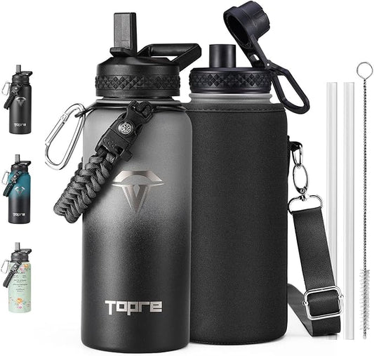 32oz Insulated Water Bottle,Stainless Steel Vacuum Water Bottle, BPA-Free & Leakproof -with Paracord Handle,Strap,Straw Spout Lids,Large Water Jug for Gym Sports