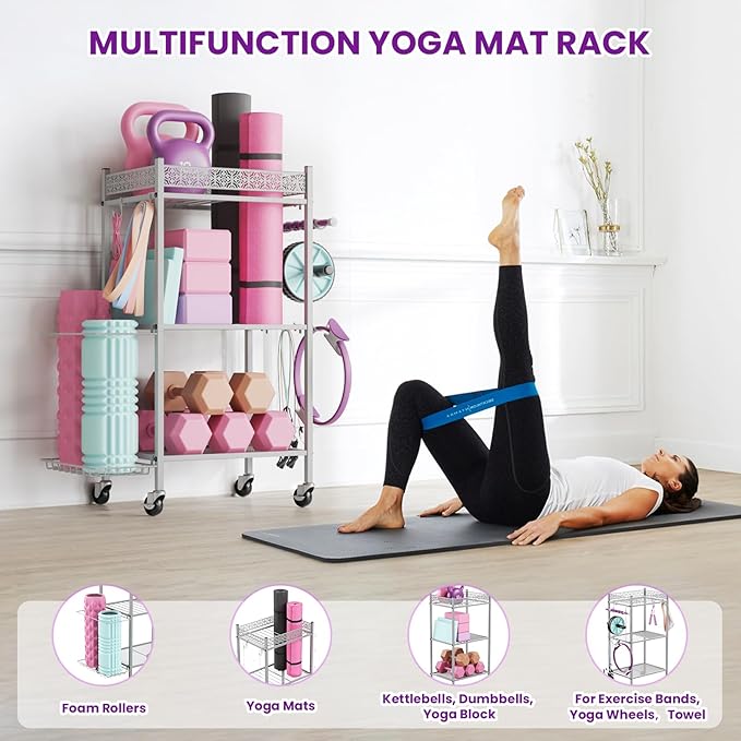 Yoga Mat Storage Rack, Home Gym Storage Rack, VOPEAK Workout Storage for Yoga Mat, Foam Roller, Equipment Gym Storage for Home Exercise and Fitness Gear (Metal)