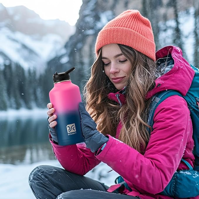 Insulated Water Bottle | Thickened Stainless Steel Vacuum Metal | Portable Sports Half Gallon Large Water Jug for Gym and Hiking with Straw, Carrier Bag, Handle Strap | BPA-Free 64 oz