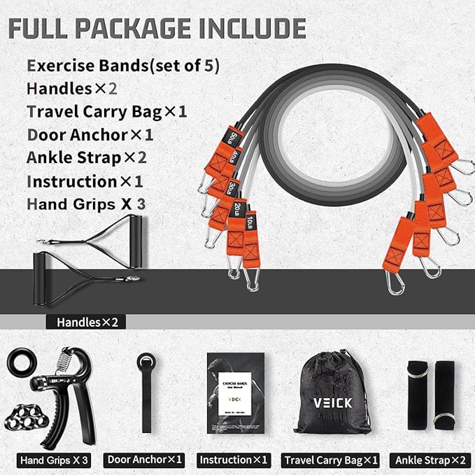 VEICK Resistance Bands, Exercise Bands for Working Out with Handles, Elastic Workout Bands for Men Women, Exercising Bands for Strength Training Equipment at Home Gym