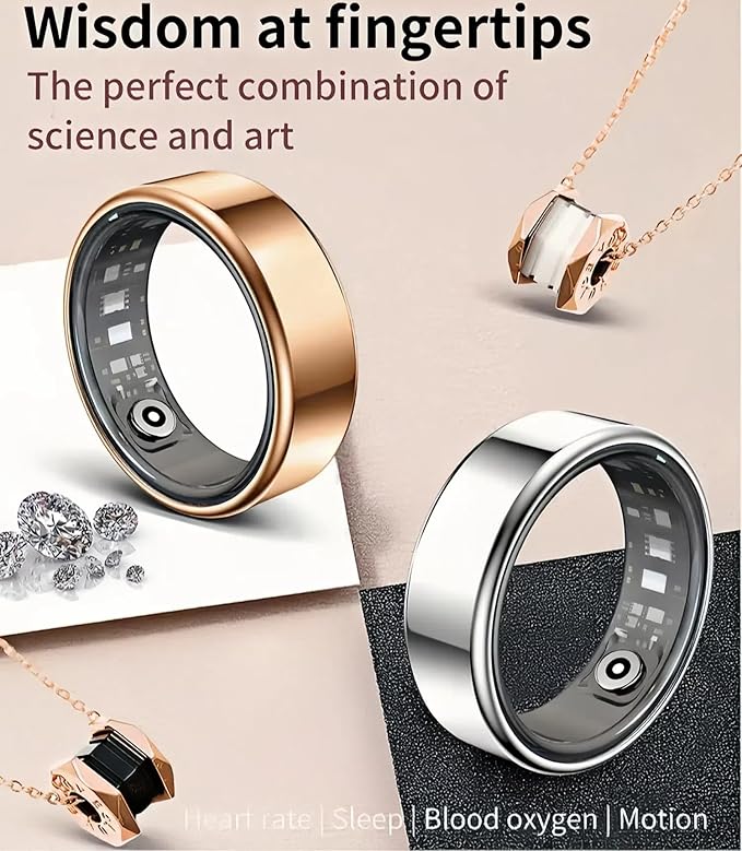 Smart Wellness Ring, Stylish Fitness Tracker with Heart Rate, Blood Oxygen, Blood Pressure, Sleep & Step Monitor. IP68 Waterproof, No Subscription, iOS & Android Compatible (Silver, 11)