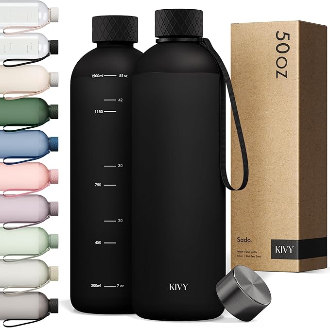 KIVY Slim Water Bottle 50oz [Lightweight & Shatterproof] - Reusable Tritan Water Bottle - Leak Proof Water Bottle for Women & Men - No Spill - Dishwasher Safe - Black