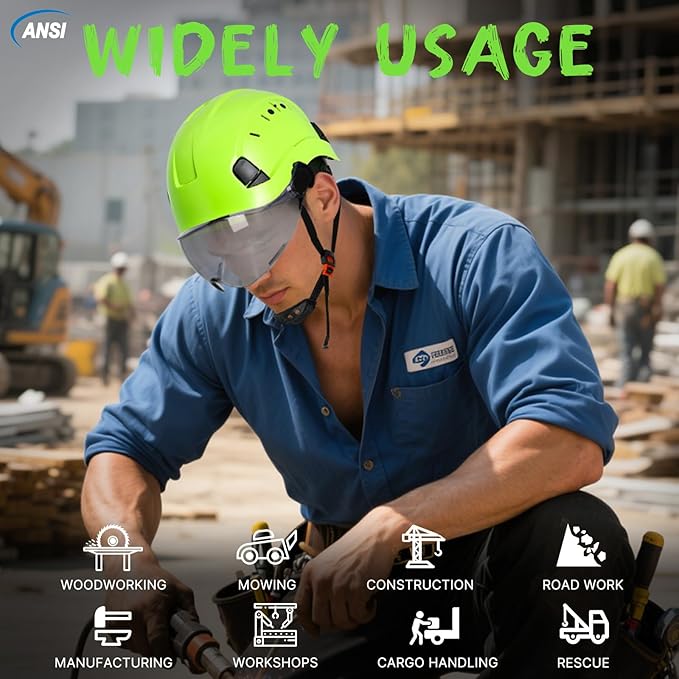 Aolamegs Construction Hard Hats for Adults - Hard Hats Construction OSHA Approved with Smoke Visor for Men Women ANSI Z89.1 Vented Safety Helmet, Hard Hat with Chin Strap,6 Point Suspension （Green