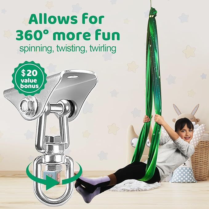 Double Layer Sensory Swing for Kids & Adults Holds up to 300lbs Indoor and Outdoor Therapy Cuddle Swing with 360° Swivel Hanger Kit Adjustable Swing with Aspergers Autism ADHD (Aurora Green)