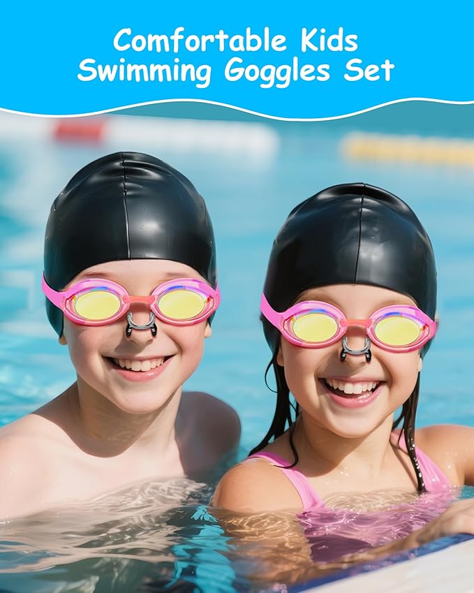 Kids Swim Goggles, Anti-fog and UV Protection with Swim Cap for Age 3-15 Youth Boys Girls Toddler