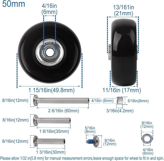 Luggage Suitcase Replacement Wheels Set Suitcase Spinner Wheels 4Pcs PU Bearing Wheels-Install Dia 2in/50mm Width 0.8inch/21mm with 3 Size Axles for Trolley Bag Drawbar Box Smooth Rolling Repair