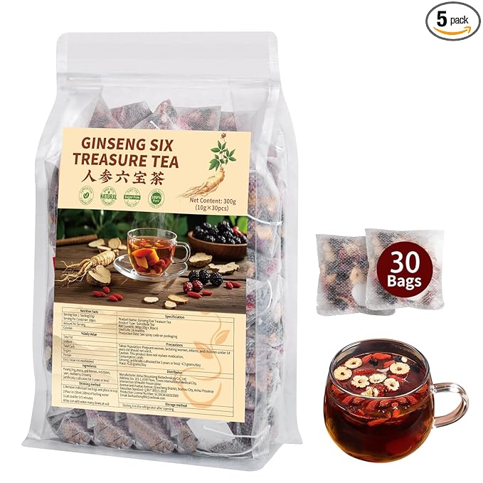 Kidney Tea Formula Ginseng Six Treasure Tea - Natural Chinese Traditional Herbal Ginseng Five Treasures Kidney Detox Cleanse Teabag For Men Women - 30 Bags