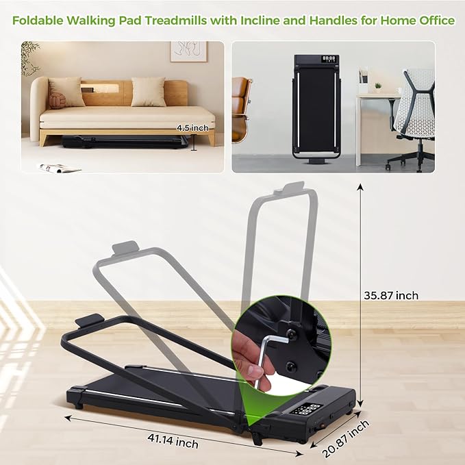 Walking Pad with Incline and Handle Bar, 3.0HP Portable Electric Walking Pads Treadmill with Handles for Home Small Spaces, 0.6-6.2 MPH Compact Small Under The Desk Treadmills Home, 320LBS Capacity