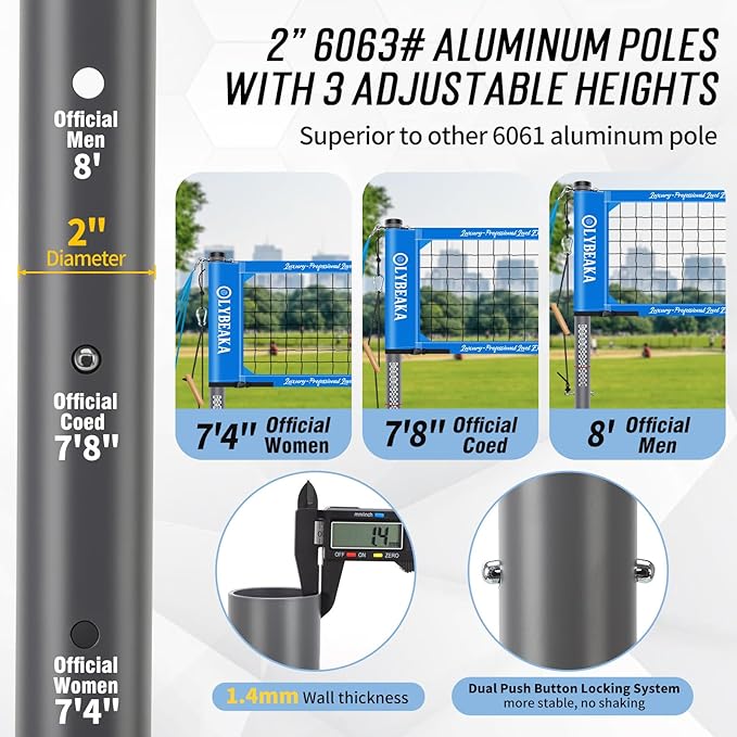 2025 Outdoor Professional Volleyball Net Set for Backyard Beach with Tetoron Net, Adjustable 2" Aluminum Poles, PU Volleyball,Carry Bag - Easy Setup & Anti-Sagg with 2 Tension Adjusters