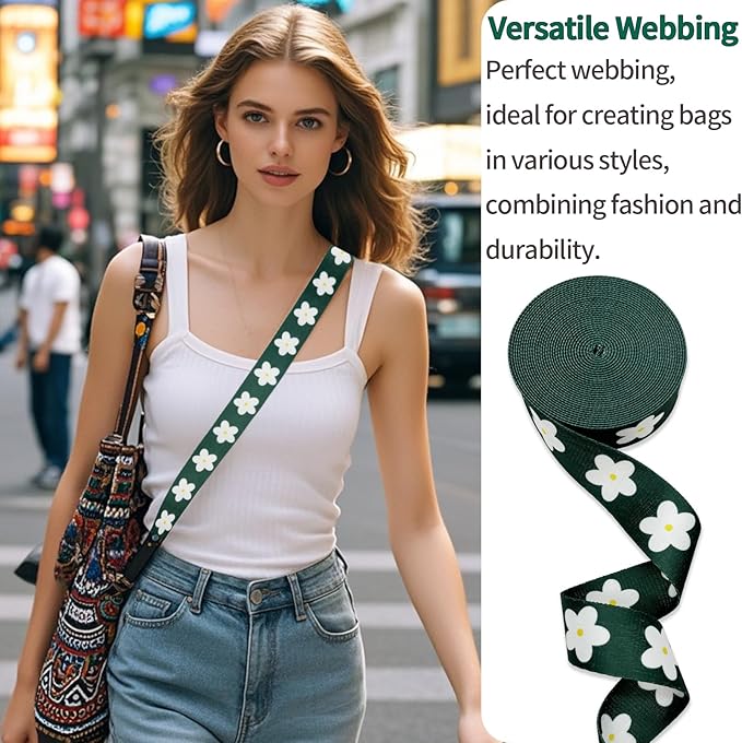Printed Flower Nylon Webbing with Buckle 1 1/2 inch 6 Yards Deep Green Thick Patterned Fabric Webbing Luggage Handle Jacquard Ribbon for Backpack Bags-Seatbelt-Clothing-Sewing-DIY Crafts & Projects