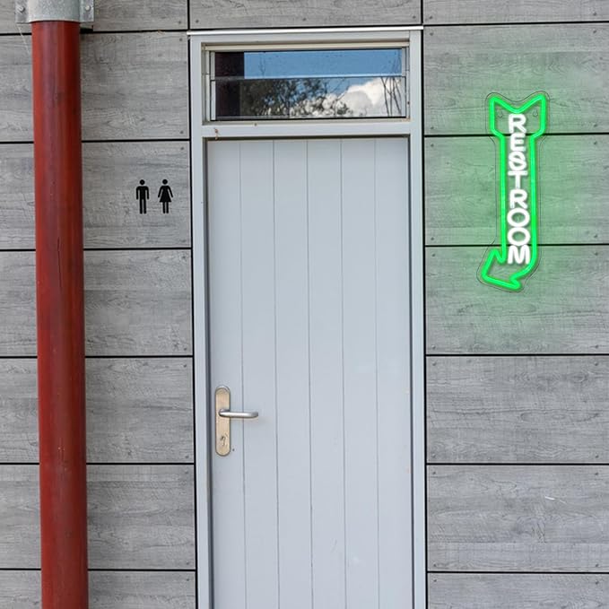 Restroom Neon Sign for Wall Decor Toilet Neon Light Arrow Led Neon Lights White Green Led Neon Signs for Hotel Bar Hospital Mall Store Office Decoration(16.9”*6.3”)