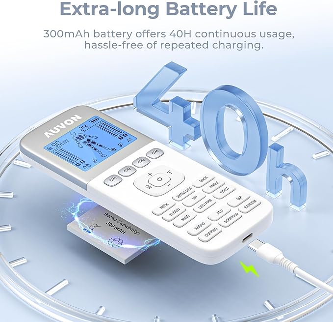 AUVON 4 Outputs TENS Unit 24 Modes Muscle Stimulator with EVA Travel Case, Rechargeable TENS EMS Machine with Easy-to-Select Button Design for Pain Relief, 2X Battery Life, 10 Electrode Pads