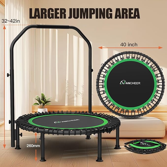 ANCHEER 40/48" Mini Trampoline with Upgraded Bungee Cords, 550LBS Capacity, Adjustable Foam Bar & Resistance Ropes, Indoor/Outdoor Rebounder for Adults
