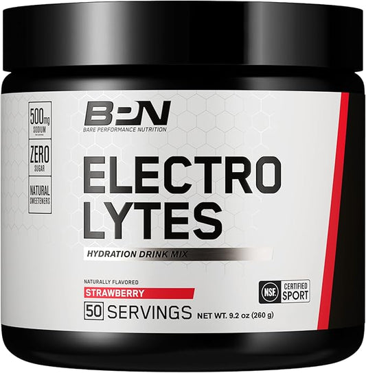 BARE PERFORMANCE NUTRITION BPN Electrolytes Hydration Drink Mix | Sugar Free Electrolyte Powder | 500mg Sodium per Serving | Naturally Sweetened | Strawberry, 50 Servings