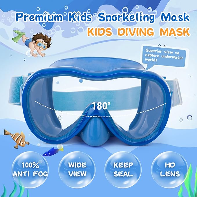 Kids Swim Goggles 180° Snorkel Diving Mask with Nose Cover, Anti-Fog Kids Swimming Goggles with Elastic Fabric Strap for Kids Boys Girls
