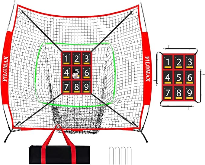 7x7 ft Baseball & Softball Practice Net with 9 Numbered Strike Zone | PRO Training Net for Hitting, Pitching & Batting | with Carry Bag, Bow Frame for All Ages & Skills