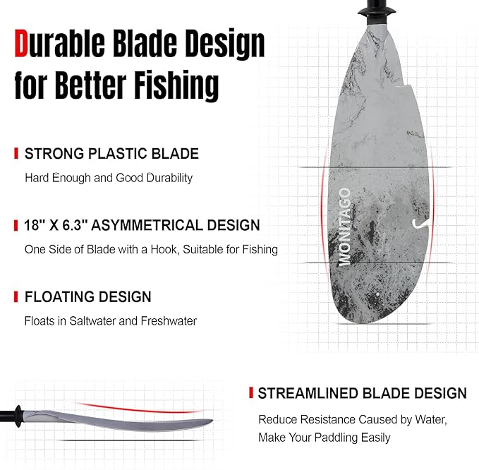 Angler Kayak Paddles Aluminum Paddle with Plastic Blades and Paddle Leash, Floating Adjustable Fishing Kayak Oars, 3 Piece, 230-250cm/90-98 inch