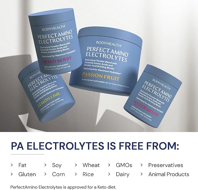 BodyHealth PerfectAmino Electrolytes Powder No Sugar, Keto Sugar Free Fasting Electrolytes Drink Mix, Hydration Powder with Trace Minerals - Watermelon - 30 Servings