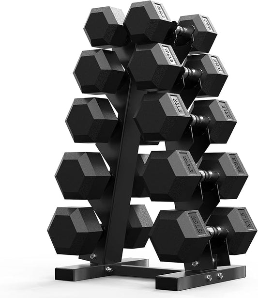 PAPABABE Hex Dumbbell Sets with Rack, 60-550lb Rubber Coated Dumbbell Weight Set and Storage Rack, Multiple Options Hand Weights for Strength Training