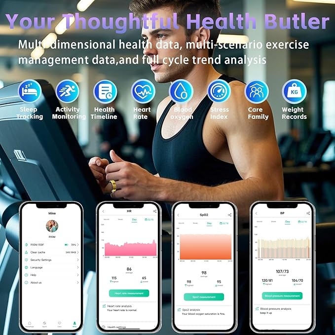 Smart Ring Health Tracker, Fitness Tracker Ring for Women Men, Monitoring of Pedometer, SpO2, Sleep Quality, Heart Rate, No Subscription Fee, Sport Rings for iOS & Android (Gold 12)