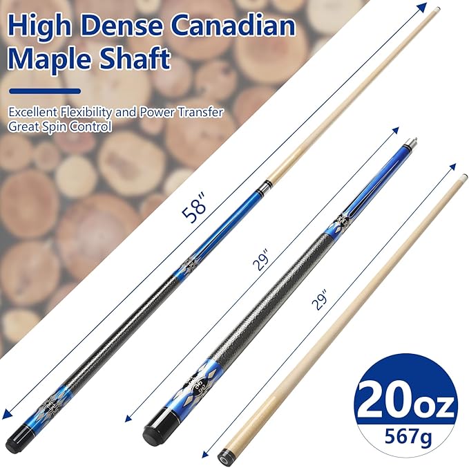 Billiard Cues Stick, 58" Pool Cues Canadian Maple Wood Leather Pattern Grip 18 19 20 21 oz Pool Cue Stick for Bar House Pool Table Sports