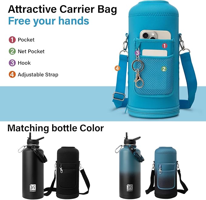 Insulated Water Bottle | Thickened Stainless Steel for Gym and Hiking with Straw, Carrier Bag, Handle Strap | BPA-Free 87 oz