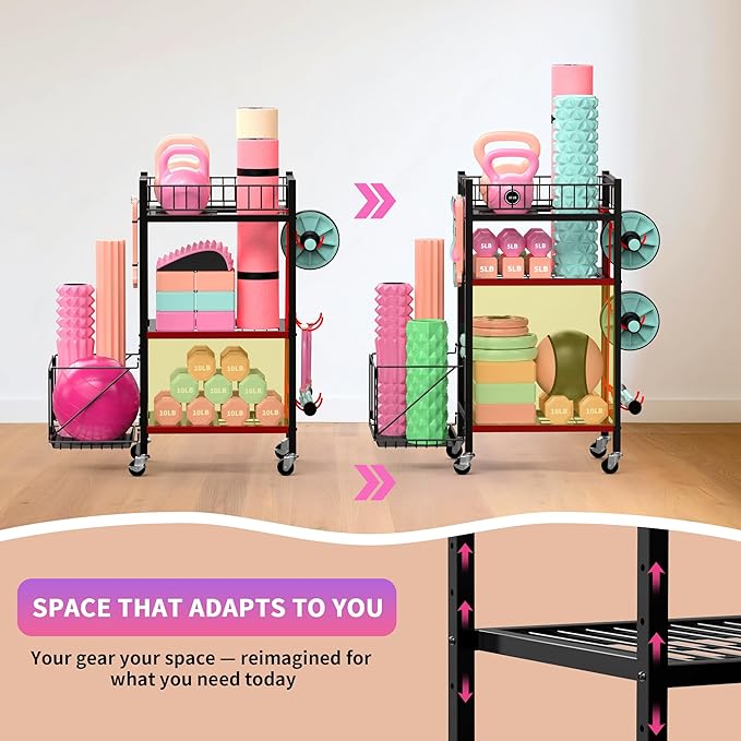 3-Tier Home Gym Storage Rack, Adjustable Yoga Mat Storage Rack, 250LBS Metal Workout Equipment Storage Cart with Large Basket & Lockable Wheels for Mats, Bands, Foam Rollers, Yoga Block