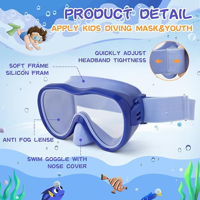 Kids Swim Goggles 180° Snorkel Diving Mask with Nose Cover, Anti-Fog Kids Swimming Goggles with Elastic Fabric Strap for Kids Boys Girls