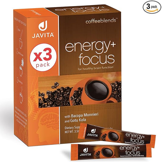 Javita Energy + Focus Instant Coffee Packets, 100% South American Arabica & Robusta Blend, plus Herbs for Clarity, Energy, & Focus, Keto, Dieters Drink, 3 boxes of 24 (4.2g) sticks