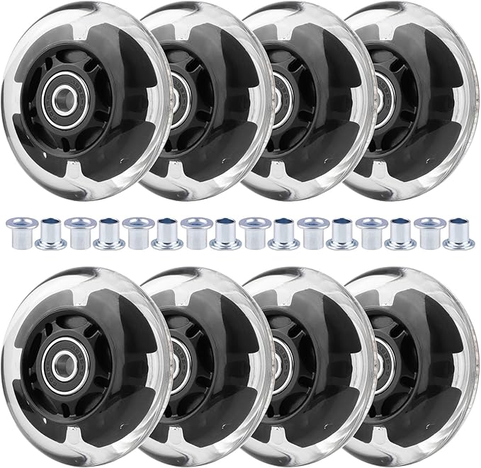 8pcs Inline Skate Wheels Led Light-Up Wheels 64/70/72/76/80mm w/Bushings 85-88A for Kids and Youth Beginners Children's Inline Skates Indoor/Outdoor Use (Black, 76mm)