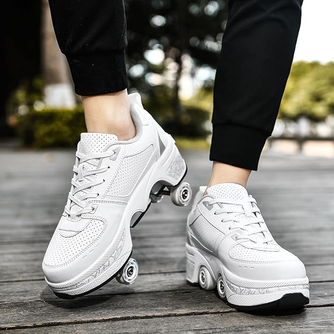Roller Skate Shoes for Women Four Rounds Children's Roller Skates Shoes That Turn into Rollerskates Sneakers Outdoor Light Shoes with Wheels for Girls/Boys