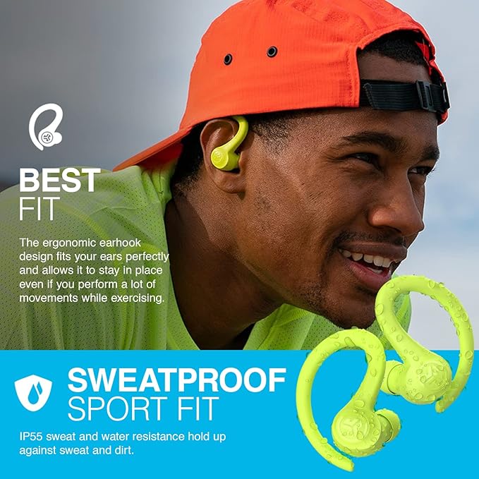 JLab Go Air Sport True Wireless Earbuds, Yellow, Featuring C3 Clear Calling, Secure Earhook Sport Design, 35+ Hour Bluetooth Playtime, and 3 EQ Sound Settings