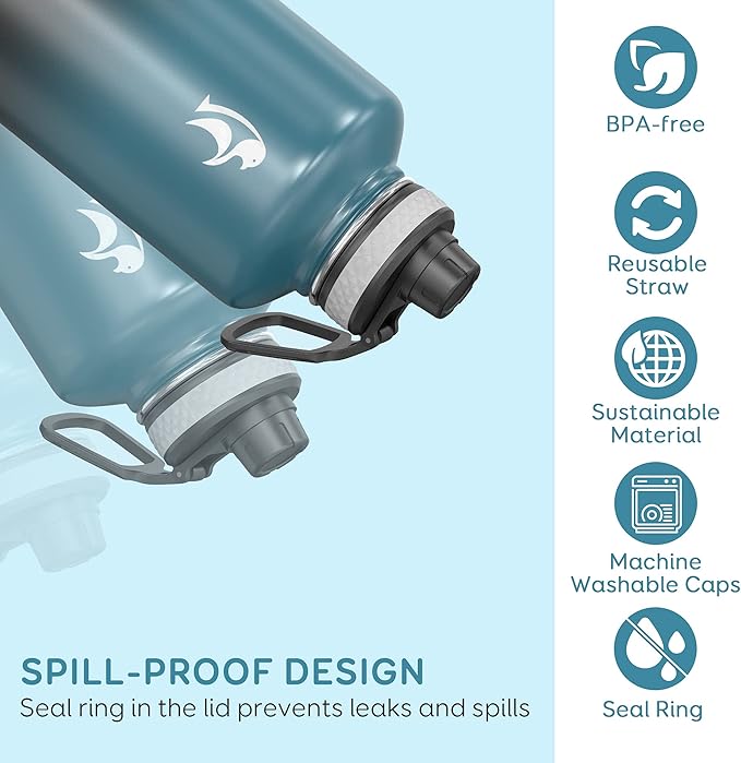 Coolflask Water Bottle 87 oz with Straw, 2/3 Gallon Insulated Stainless Steel Large 3 Lids Big Water Jug for Sports or Office, Non-BPA Keep Cold Up to 48 Hrs or Hot Up to 24 Hrs, Samurai Cyan