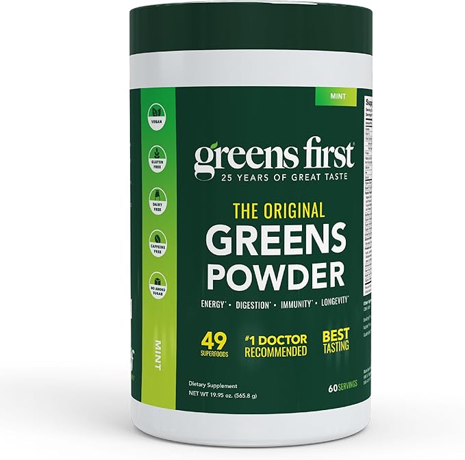 Greens First Original Greens Powder - 49 Superfoods - Organic Fruits & Veggies - Prebiotics, Probiotics & Digestive Enzymes - Antioxidant Smoothie - Dairy Free, Vegan & Non-GMO (Mint, 60 Servings)