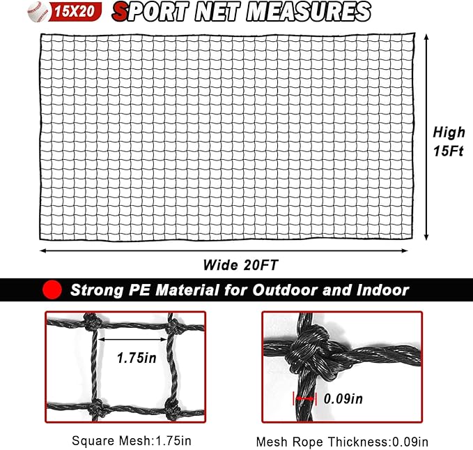 Baseball Softball Backstop Nets,Sports Net,Sports Netting Barrier,Sports Netting for Backyard,Twisted Knotted PE Net