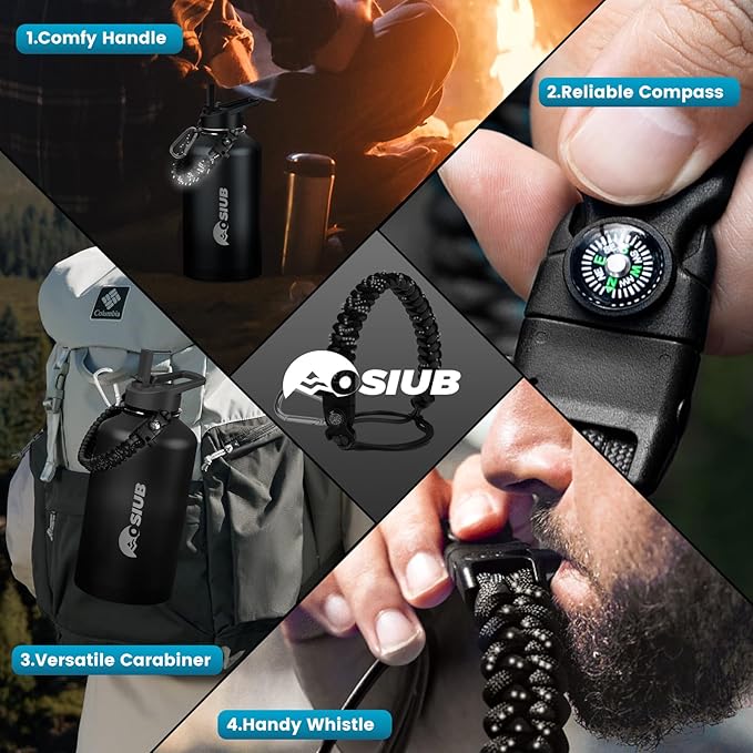 Insulated Water Bottle 64 oz, Triple Wall Vacuum Stainless Steel(Cold for 48 Hrs),Leak Proof & BPA-Free,Half Gallon Water Bottle with Reflective Paracord & Flip Straw for Sports & Travel, Black