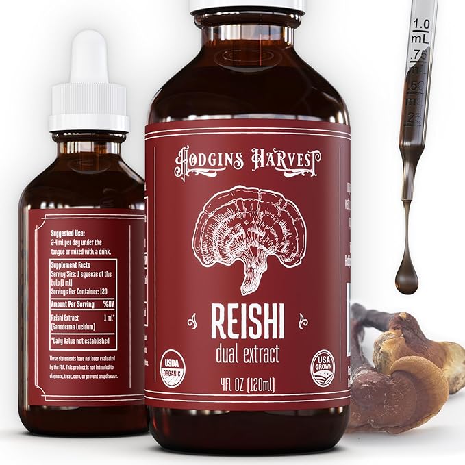 Hodgins Harvest Organic Reishi Tincture | Made with Mushrooms Grown On Our Farm in The USA | Dual Extract | Extra-Concentrated (4 fl oz)