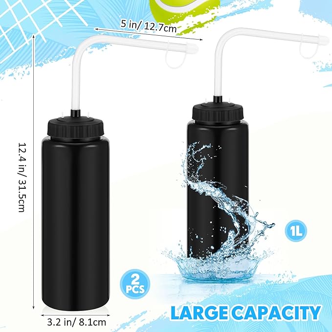 Domensi 2 Pack 1 Liter Sports Water Bottle with Long Straw Hockey Lacrosse 34 Oz Water Bottle Easy Squeeze Plastic Use with Sport Helmet in Football Baseball(Black,No Printed)