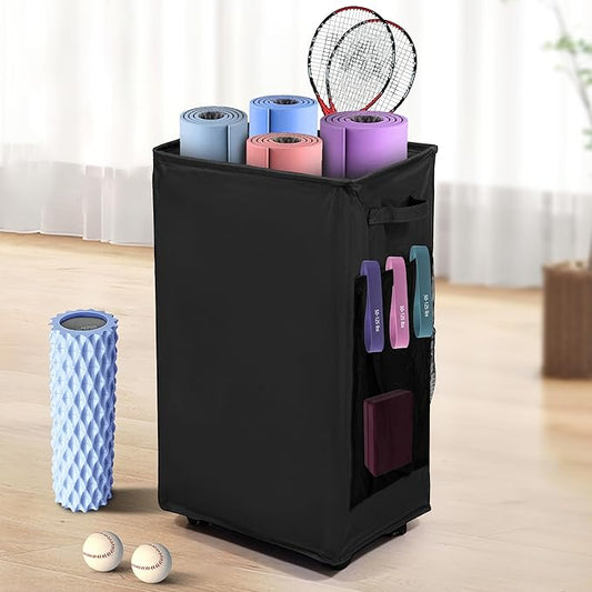 Yoga Mat Storage Racks, Home Gym Storage Rack with Wheels, Yoga Mat Holder Side 2 Mesh Pockets, Yoga Storage Basket Holds 4 Yoga Mats, 2 Foam Rollers, 6 Resistance Bands