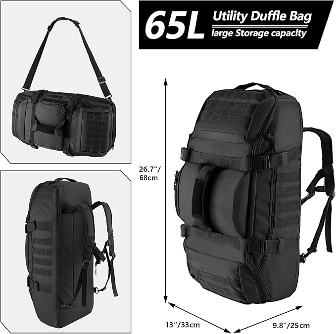 65L Large Duffle Bag, 3-in-1 Tactical Backpack MOLLE Pack for Sports, Gym, Outdoor, Black