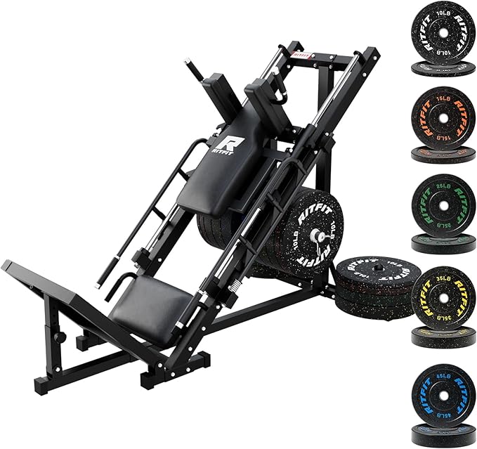 RitFit Adjustable Leg Press and Hack Squat Machine with Weight Plate Set, Professional Home Gym Equipment with Linear Bearings, Specialized for Complete Lower Body Workouts and Weight Storage Posts