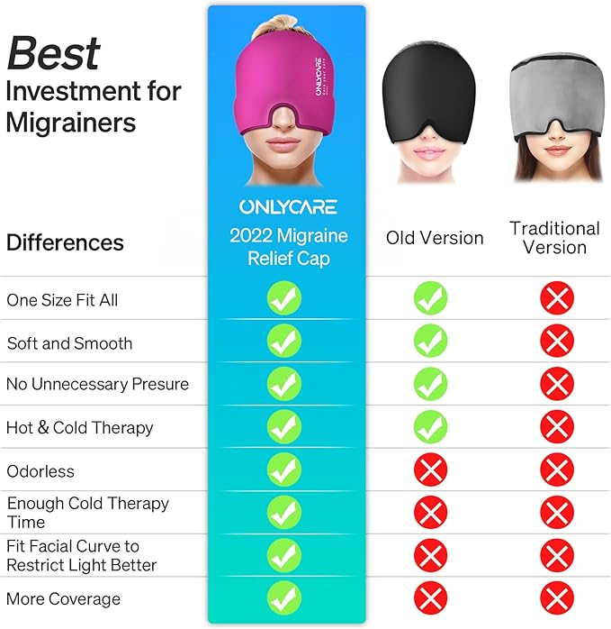 ONLYCARE Migraine Relief Cap, Upgraded Odorless Migraine Ice Head Wrap, Headache Relief Hat for Migraine, Hot Pink