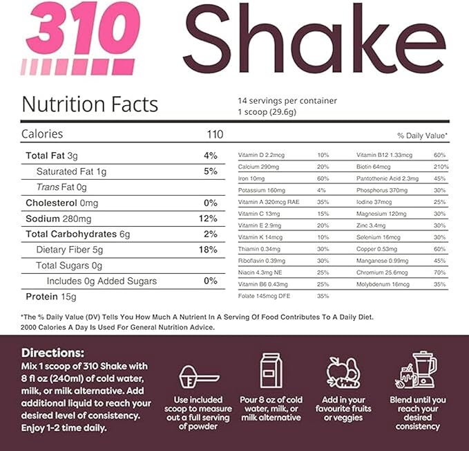 310 Nutrition All-In-One Meal Replacement Shake Powder - Plant-Based Protein Smoothie Blend w/High Fiber, Probiotics & Adaptogens - Low Carb, Vegan, Keto & Paleo Friendly - Vanilla Cake - 14 Srv