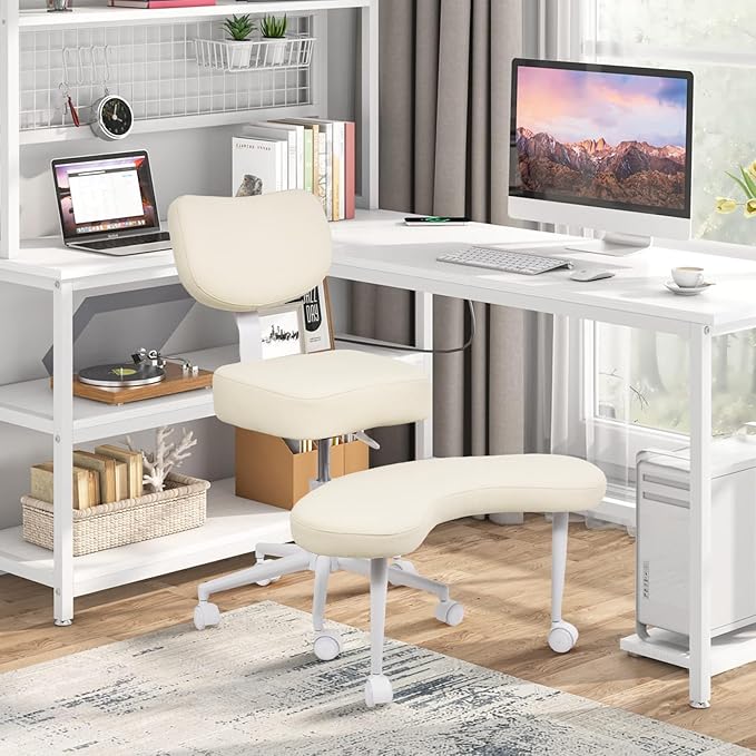 Meditation Chair Cross Legged ADHD Office Chair for Adults with Wheels Ergonomic Back Support and Leg Rest for Multi Position Criss Cross Sitting Kneeling and Yoga Height Adjustable, Leather Style