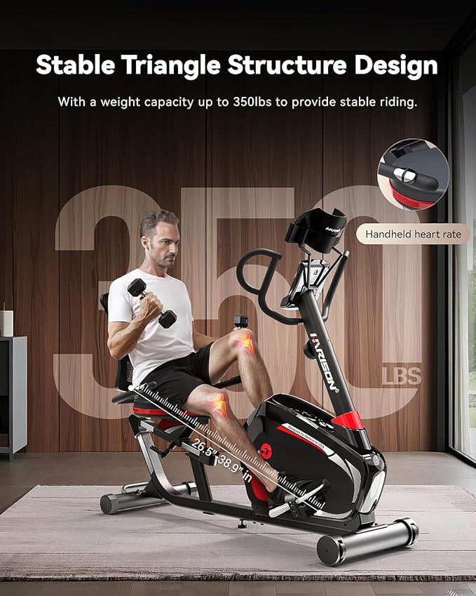 HARISON Recumbent Exercise Bike with 400 lbs Capacity, Magnetic Recumbent bike for Adult and Seniors, Recumbent Stationary bike for Home with Smart Bluetooth App, 2 in 1 LCD Monitor and Tablet Holder, Heart Rate monitor