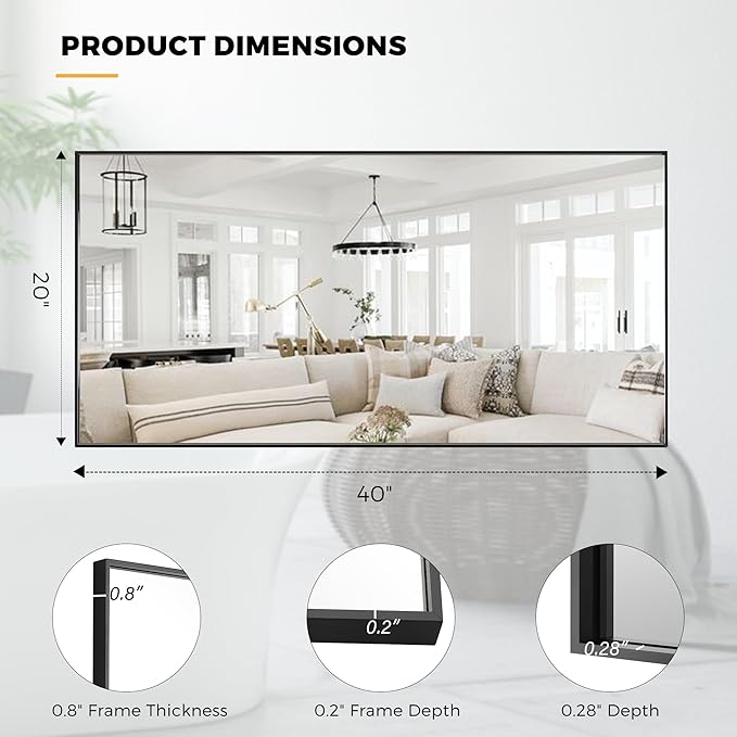 20x40 Inch Black Bathroom Mirror for Wall, Aluminum Frame Rectangle Rectangular Vanity Mirror, Modern Large for Bedroom, Living Room, Horizontal or Vertical
