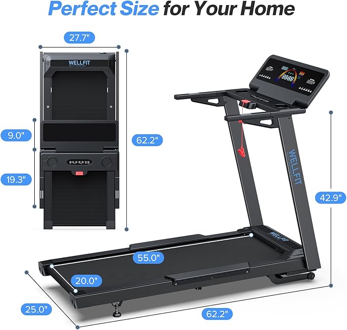 WELLFIT Auto Incline Treadmill, 10% Incline Heavyduty Treadmill with Pulse Sensor, 4.5HP, 10 MPH, 500 lbs Capacity, 20'' x 55'' Running Area Treadmills with Bluetooth Player & LED Display
