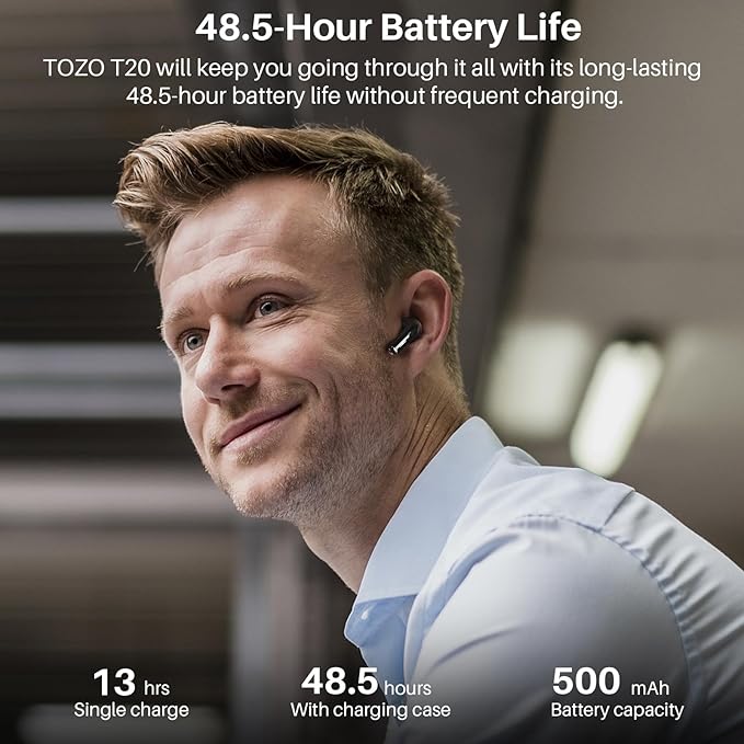 TOZO T20 Wireless Earbuds Bluetooth Headphones 48.5 Hrs Playtime with LED Digital Display, IPX8 Waterproof, Dual Mic Call Noise Cancelling 10mm Broad Range Speakers, 2025 Version