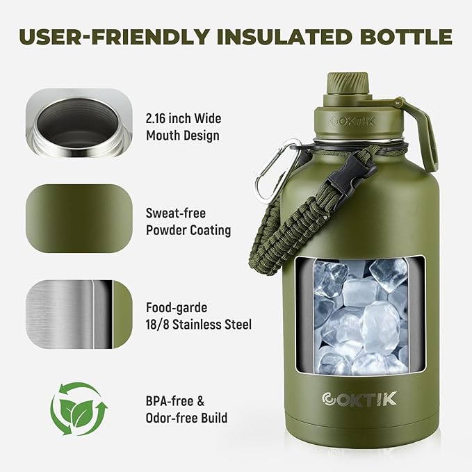 Half Gallon Insulated Water Bottle, 64 oz Triple Wall Stainless Steel Flask, Keeps Drinks Cold for 48 Hrs Leak-Proof & BPA-Free Half Gallon Jug with Paracord Handle, Straw & Spout Lids(Army Green)